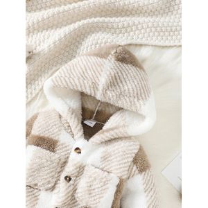 Baby Jongen en Meisje Geruite Romper met Capuchon - Lange Mouwen Pluche Jumpsuit - Winter Warme Bodysuit voor 3-6 Maanden - Peuter Kleding, Baby Winterkleding