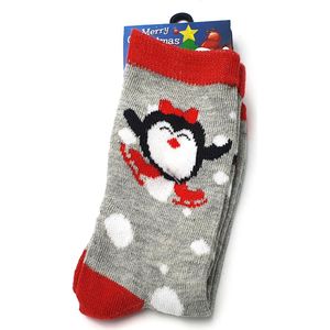 Kindersokken met kerst print grijs en rood met pinguin