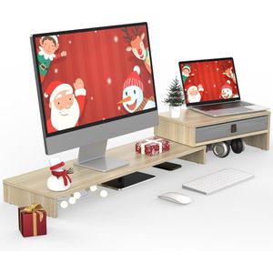 Dubbele Monitorstandaard met Lade - Verstelbare Lengte en Hoek - Houten Monitorstandaards voor 2 Monitoren - Desktop Organisator Eik.