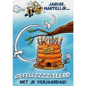 Jarige, hartelijk… Gefelizzzziteerd met je verjaardag! Een groot bijennest waarin de bijen hun feestje kunnen vieren. Een dubbele wenskaart inclusief envelop en in folie verpakt.