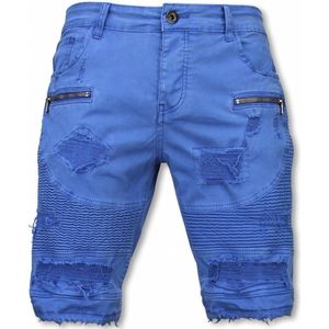 Korte Broek Heren - Slim Fit Damaged Biker Jeans With Zippers - Blauw