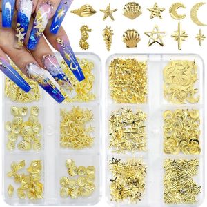 Nail Charms - 2 Boxes Gold Starter Ocean Nail Gemstone Charms - Metal Smaller Starfish Moon Shell Summer Charms voor Acrylic Nail Art - DIY Accessoires