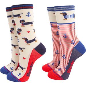 Teckel - sokken - 2 paar sokken - teckelprint - maat 35/40 - rood - wit - blauw - hond - dachshund - teckelsokken - teckel sokken - navy - sokken