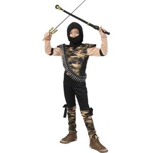 Funny Fashion - Ninja & Samurai Kostuum - Speciale Commandotroepen Ninja - Jongen - Bruin, Zwart - Maat 128 - Carnavalskleding - Verkleedkleding