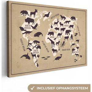 Canvas Wereldkaart - 150x100 - Wanddecoratie Wereldkaart - Beige - Dieren