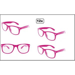 12x Blues brother bril pink/roze met blank glas - Thema party White festival fun verjardag optocht