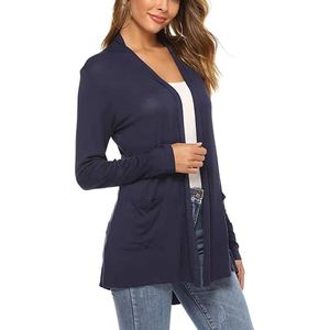 Pure Kleur Damesvest Lange Mouw Lichtgewicht Casual Vest - Halflange Losse Top voor Lente Herfst - XXL Marineblauw