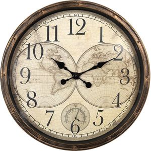 Clayre & Eef Wandklok Ø 50x5 cm Bruin Beige Kunststof Glas Wereldkaart Muurklok