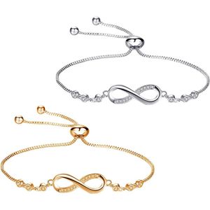 Verstelbare Infinity Teken Armband Set - Zilver en Goud - Voor Vrouwen - Vriendschap Armbanden - Dochter, Liefde, Meisjes - 2 stuks