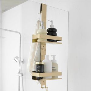Douche Plank Hangend – Roestvrijstalen Dubbele Laag Douche Rek – Geen Boren Badkamer Opslag voor Glazen Deuren met Haken – Goudkleurig Douche Organizer