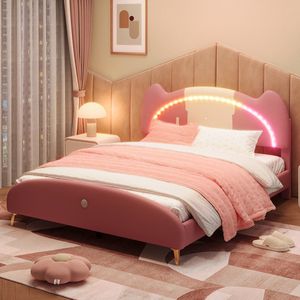 KOMHTOM Bed Kinderbed 140x200 Tweepersoonsbed LED-lichtlijst Zacht schuim PU leer Roze