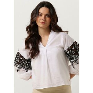 Jansen Amsterdam Cv777 Cotton Voile Blouse With Black/white Lace Detail 3/4 Sleeve Dames - Jurken - Wit - Maat S