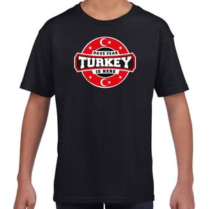 Have fear Turkey is here t-shirt met sterren embleem in de kleuren van de Turkse vlag - zwart - kids - Turkije supporter / Turks elftal fan shirt / EK / WK / kleding 146/152