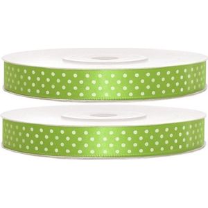 2x Hobby/decoratie appel groene satijnen sierlinten met witte stippen 1,2 cm/12 mm x 25 meter - Cadeaulinten satijnlinten/ribbons - Appel groene linten met witte stippen - Hobbymateriaal benodigdheden - Verpakkingsmaterialen