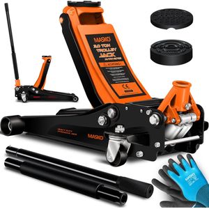 MASKO® krik hydraulische vlakke hefhoogte garagekrik + 2x rubber pads + handschoenen autokrik rangeerkrik hydraulische 360° rollen auto krik onder standaard - 3 Ton - Oranje