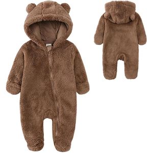 Kinderbodysuit van pluche - Bodysuit met capuchon, rits en lange mouwen en pluchen berenoren - Warme bodysuit met capuchon - Winteroutfitset - bruin - 6