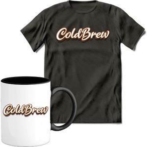 T-Shirtknaller T-Shirt met Koffiemok | Coldbrew - Koffie Kleding | Heren / Dames Shirt met Mok Cadeau | Kleur grijs | Maat XL