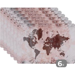 Placemat - Placemats kunststof - Wereldkaart - Vintage - Rood - 45x30 cm - 6 stuks - Hittebestendig - Anti-Slip - Onderlegger - Afneembaar