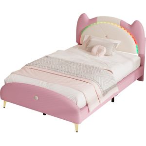 Merax Kinderbed 90x200 cm met LED Verlichting - Kunstleer Gestoffeerd Eenpersoonsbed - Bed voor Kinderen met Houten Lattenbodem - Roze met Beige