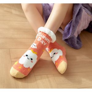 Budino® Huissokken - Verwarmde sokken - Antislip Sokken - Warme Sokken - Dikke Sokken - Anti Slip - Fluffy Sokken - Dames en Heren - Zon Oranje Wit