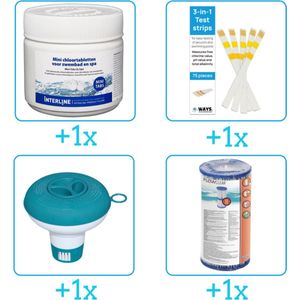 Zwembad Onderhoudsset - Startersset bevat Chloor - Testrips - Chloordrijver en Filter - Interline Onderhoud Starterspakket - Voor zwembaden en Spa's - Voor kleinere zwembaden tot 2500 liter (4-delig)