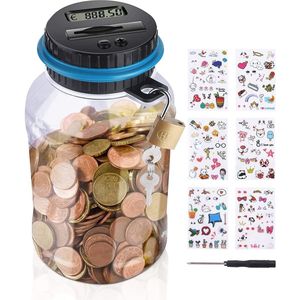 Spaarpot met teller 18 l - Grote spaarpot voor kinderen - Transparante muntenteller met lcd-display - Digitale muntenbank met automatisch slot en schattige stickers