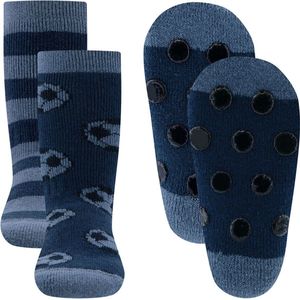 Ewers Antislipsok - 2-Pack - Voetballen & Strepen - Blauw & Grijsblauw - Antislipnopjes - maat 19/22