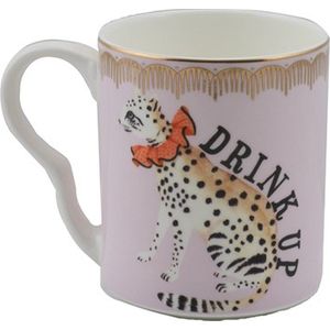 Yvonne Ellen London roze mok met cheetah - Tekst: Drink Up - porselein