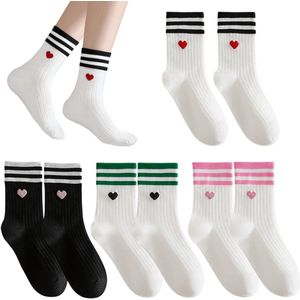 Set van 4 paar damessokken met hartmotief en strepen van katoen - tennis- en sportsokken voor sportieve Valentijnsdagviering