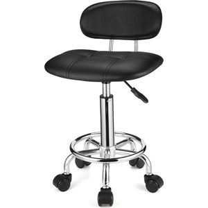 Vierkante Rolling Kruk met Rugleuning - Hoogte Verstelbaar en Draaibaar - Zwart pop up stool