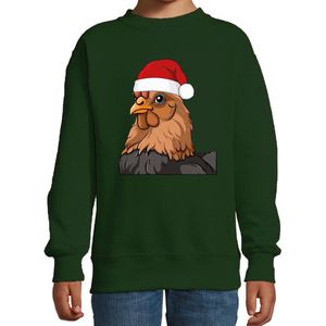 Bellatio Decorations Kersttrui / sweater boerderijdieren - kinderen - Kip - groen - kerstmuts - Kerstmis 98/104