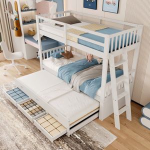 Stapelbed 90x200cm, kinderbed, huisbed voor meisjes en jongens, bedframe van grenen en MDF met ladder en uitschuifbaar bed en 3 laden, wit