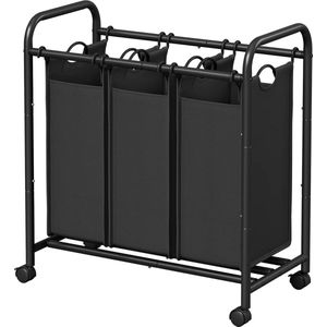 Wasverzamelaar wasmand met afneembare stoffen zakken - wasserette op wielen - 3 x 44 liter - zwart