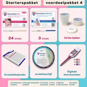 Sensitest Zwanger Worden Starterspakket – 24 Ovulatietesten + 3 Zwangerschapstesten (dipstick) – Digitale Ovulatie Thermometer (0,01 °C) – Inclusief ovulatieschijf, herbruikbare urinebeker & kalenders