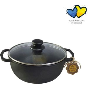 MAYSTERNYA Gietijzeren wok en stoofpan - 2 Liter - Wok pan gietijzer met glazen deksel - Outdoor cooking - Inductie, gas, open vuur en keramisch - Pannenset - Cadeau - PFAS vrij - Zwart