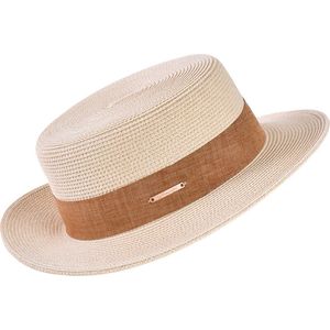 Decopatent - Zonnehoed Dames Rond - Zomerhoed met Bruine Rand - Strohoed UV - Ø58 cm - Strandhoed Hoofddeksel Rond - Hoed voor Volwassenen - Kleur: Naturel met Bruine Rand