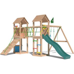 Jungle Gym speeltoestel van douglas hout - Jungle Gatehouse met donkergroene glijbaan - Tuin speeltoestel voor buiten met balanceerbrug, klimhelling en winkeltje
