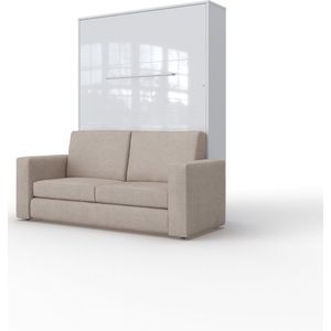 Maxima House - INVENTO SOFA Elegance - Verticaal Vouwbed Inclusief Bank - Logeerbed - Opklapbed - Bedkast - Inclusief LED - Hoogglans Wit + Beige Sofa - 200x140 cm