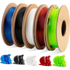 175 mm TPU filament bundel - 3D-printerfilament 200 g x 5 spoelen zwart - wit - transparant rood - transparant groen - transparant blauw