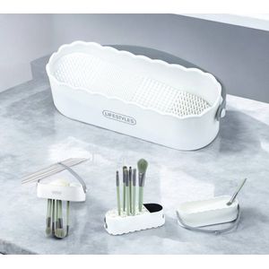 Make-up borstel reinigingsmat, 4-in-1 siliconen penseelreiniger voor reinigen, drogen en bewaren, draagbare make-upkwasten reiniging voor make-upkwasten en make-upspons (wit)