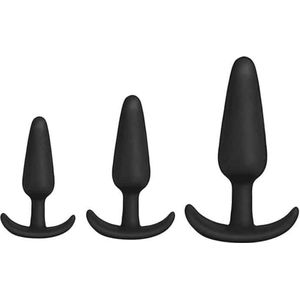 Doc Johnson – Siliconen Set van 3 Buttplugs met Kromme T Stop voor Perineun of Vaginale Stimulatie - Zwart