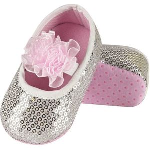 Soxo Babyslofjes Jersey Zilver – Maat 16-18 – Ballerina Slofjes met Roze Bloem en Glitters voor Meisjes (0-6 maanden) - Zilverkleurige babyslofjes - Glitter babyslofjes voor meisjes - Babyslofjes maat 16-18 - Babyslofjes voor meisjes - Zachte slofjes