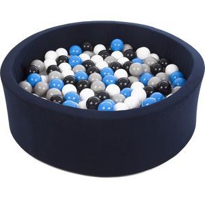 Ballenbad rond - marine blauw - 90x30 cm - met 300 zwart, wit, blauw en grijze ballen