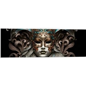PVC Schuimplaat- Wit Venetiaanse carnavals Masker met Blauwe en Gouden Details tegen Zwarte Achtergrond - 90x30 cm Foto op PVC Schuimplaat