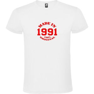 Wit T-Shirt met “Made in 1991 / 100% Original “ Afbeelding Rood Size XL