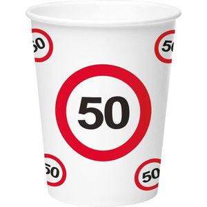 24x stuks drinkbekers van papier in 50 jaar verjaardag print van 350 ml - Stopbord/verkeersbord thema