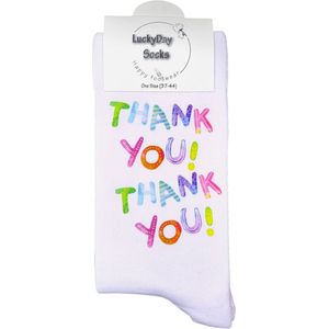 Dank je wel - Bedankt - Thank You - Bedankje - Kleinigheidje - Trendy nu - Verjaardags cadeau - Valentijns cadeau - Kado - Kerst cadeau - Witte sokken met tekst - Grappige sokken - leuke dames en heren sokken - moederdag - vaderdag - Maat 37-44