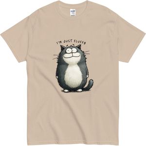 T Shirt met Cartoon Kat - Humor Shirt voor Kattenliefhebbers - Fluffy Quote - Beige - S
