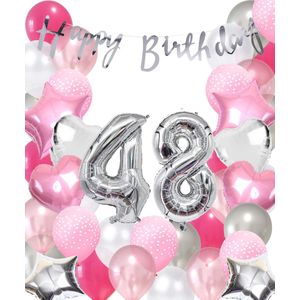 Snoes Ballonnen 48 Jaar Pink Blush Silver Mega Ballon - Compleet Feestpakket 48 Jaar - Verjaardag Versiering Slinger Happy Birthday – Folieballon – Latex Ballonnen - Helium Ballonnen - Zilver en Roze Verjaardag Decoratie