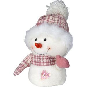 Pluche decoratie sneeuwpop - 27 cm - roze - pop - met sjaal en muts - kerstdecoratie